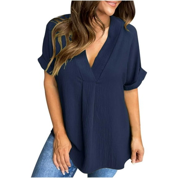 Womens Dressy Summer Tops V Neck Short Sleeve Cooling Lightweght Rayon Shirt Loose Solid Color Tunics Blouses (XL, Navy)