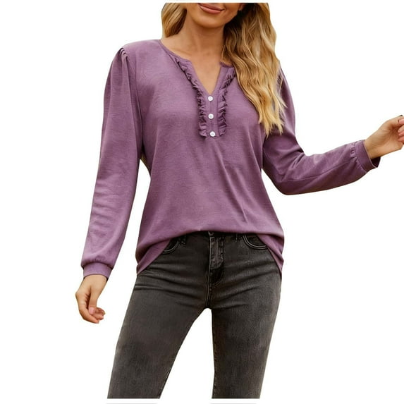 Womens Dressy Sweaters 2025 Fall Winter Long Sleeve Button Down Ruffle Henley Neck Casual Cotton Pullover Tops