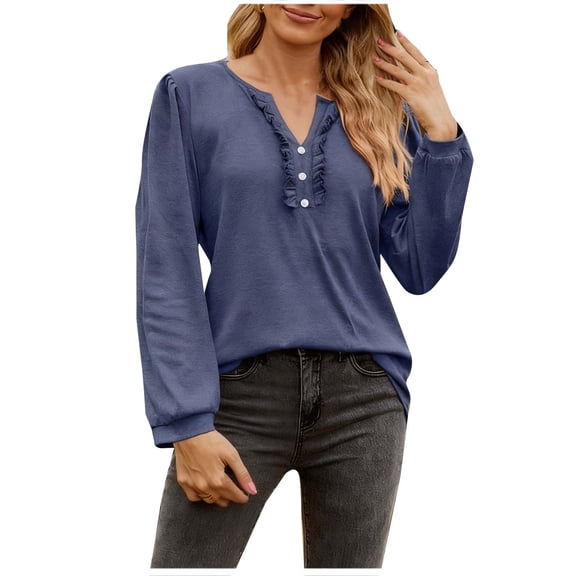Womens Dressy Sweaters 2025 Fall Winter Long Sleeve Button Down Ruffle Henley Neck Casual Cotton Pullover Tops