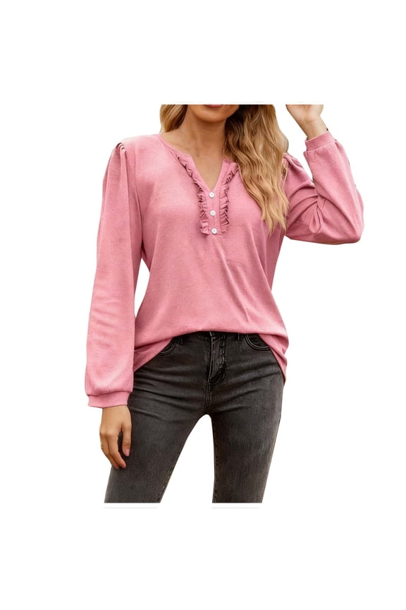 Womens Dressy Sweaters 2025 Fall Winter Long Sleeve Button Down Ruffle Henley Neck Casual Cotton Pullover Tops