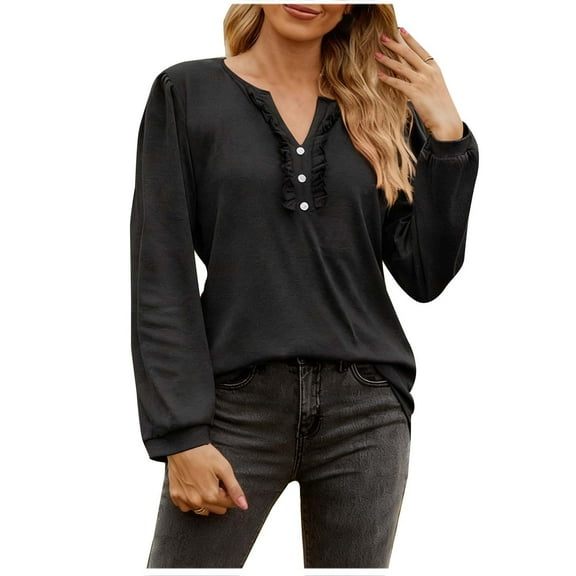Womens Dressy Sweaters 2025 Fall Winter Long Sleeve Button Down Ruffle Henley Neck Casual Cotton Pullover Tops