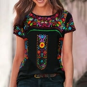 FAVIPT Womens Dressy Tops 2024, Retro Women's Boho Short Sleeve Ethnic Style Print Round Neck Pullover Going Out Top Tunic Blouse Workout Graphic T Shirts