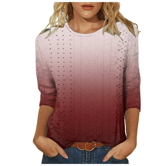 Womens Dressy Tops 3/4 Length Sleeve Summer Crew Neck Tshirts Flower Printing Loose Casual Blouses Fashion