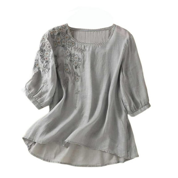Womens Dressy Tops and Blouses! Comdrip Floral Embroidered Tops Cotton Linen Shirts Boho Ethnic Style Tee Women 3/4 Sleeve V Neck Button Tunic Tshirt Dress Shirts for Women Grey 2XL