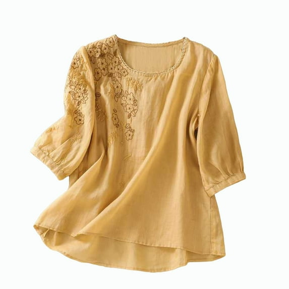 Womens Dressy Tops and Blouses! Comdrip Floral Embroidered Tops Cotton Linen Shirts Boho Ethnic Style Tee Women 3/4 Sleeve V Neck Button Tunic Tshirt Dress Shirts for Women Yellow L