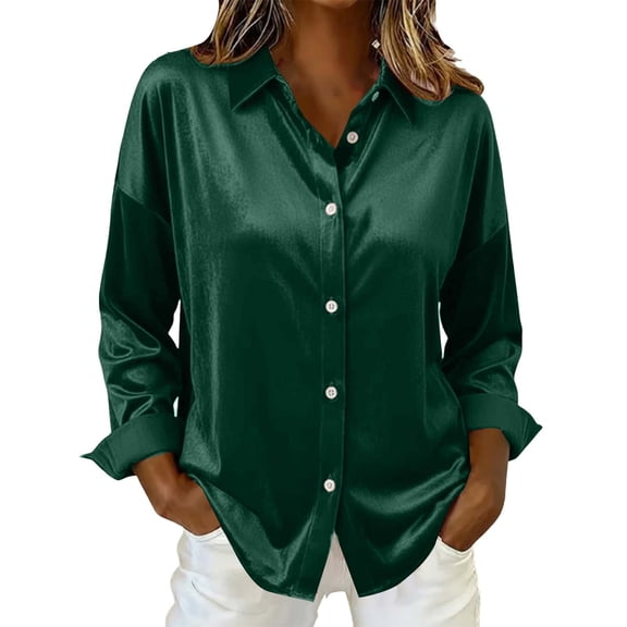 Womens Dressy Tops Loose Fit Lightweight Button Down Shirts Long Sleeve Lapel Collared Business Casual Blouses (M, Green)