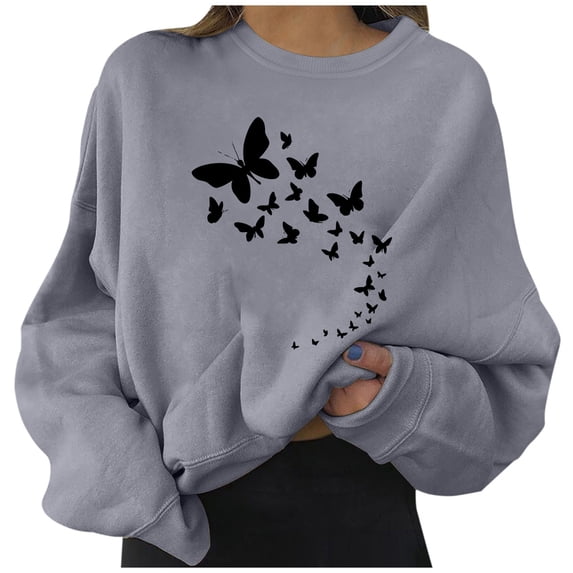 Womens Dressy Tops Winter Fall Comfy Crew Neck Long Sleeve Dolman Off the Shoulder Butterfly Print Polyester Hoodies Sweatshirts(Grey,XL)