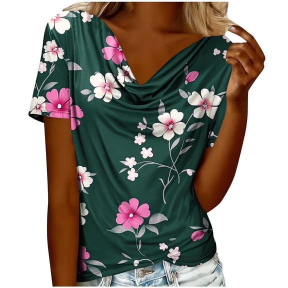 Womens Dressy Tops with Floral Prints Short Sleeve Cowl Neck Elegant Blouses Summer Casual Graphic Tee Shirts (M, Green #A)