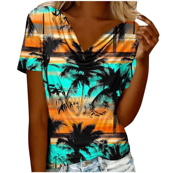 Womens Dressy Tops with Floral Prints Short Sleeve Cowl Neck Elegant Blouses Summer Casual Graphic Tee Shirts (M, Green #C)