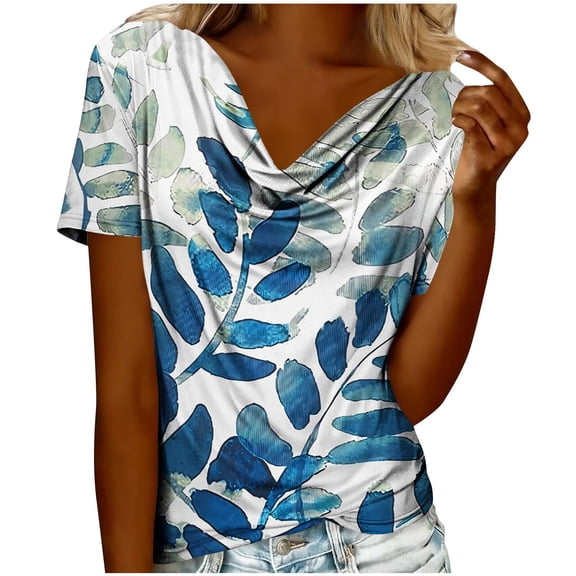 Womens Dressy Tops with Floral Prints Short Sleeve Cowl Neck Elegant Blouses Summer Casual Graphic Tee Shirts (M, Light Blue #A)