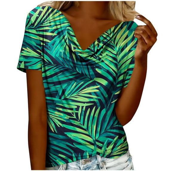 Womens Dressy Tops with Floral Prints Short Sleeve Cowl Neck Elegant Blouses Summer Casual Graphic Tee Shirts (S, Green #E)
