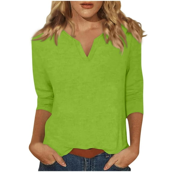 Womens Dressy Trendy Notch V Neck T Shirts Basic Solid Color Blouse Summer Tunic Tshirt 3/4 Sleeve Solid Color Casual Basic Tops Loose Fit Pullover