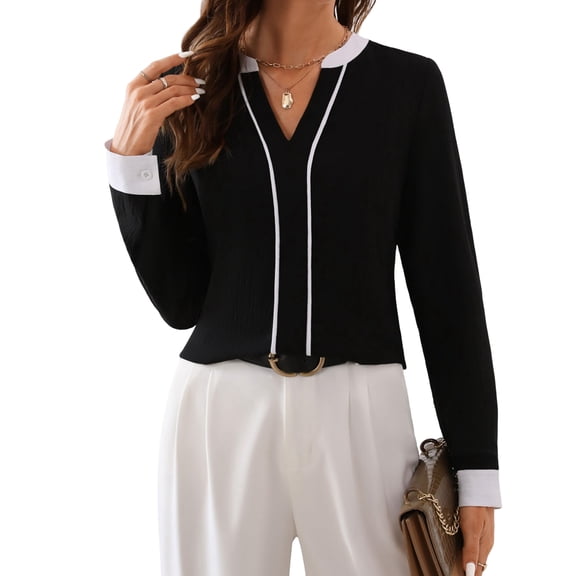 Womens Dressy V Neck Color Block Business Casual Blouses Long Sleeve Work Shirts Fall Trendy Clothes Black XL