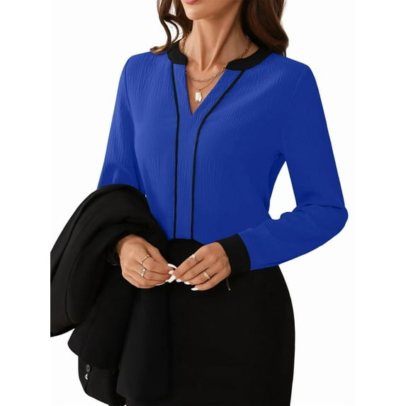 Womens Dressy V Neck Color Block Business Casual Blouses Long Sleeve Work Shirts Fall Trendy Clothes Blue S