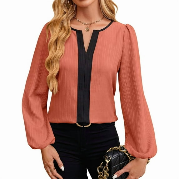 Womens Dressy V Neck Color Block Business Casual Blouses Long Sleeve Work Shirts Fall Trendy Clothes Coral XXL