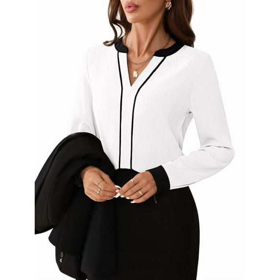Womens Dressy V Neck Color Block Business Casual Blouses Long Sleeve Work Shirts Fall Trendy Clothes White S