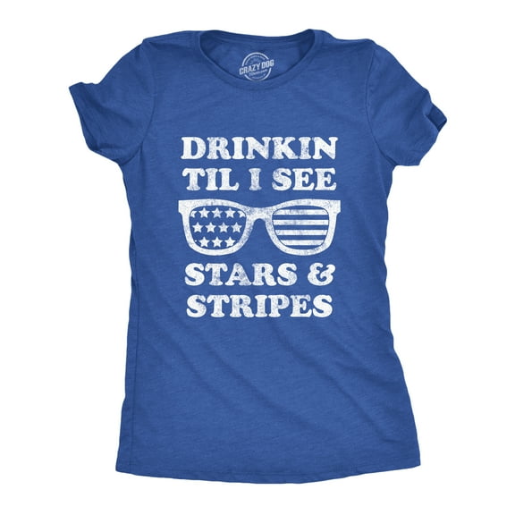 Womens Drinkin Til I See Stars and Stripes T Shirt Funny 4th Of July Sunglasses Graphic Tee Womens Graphic Tees