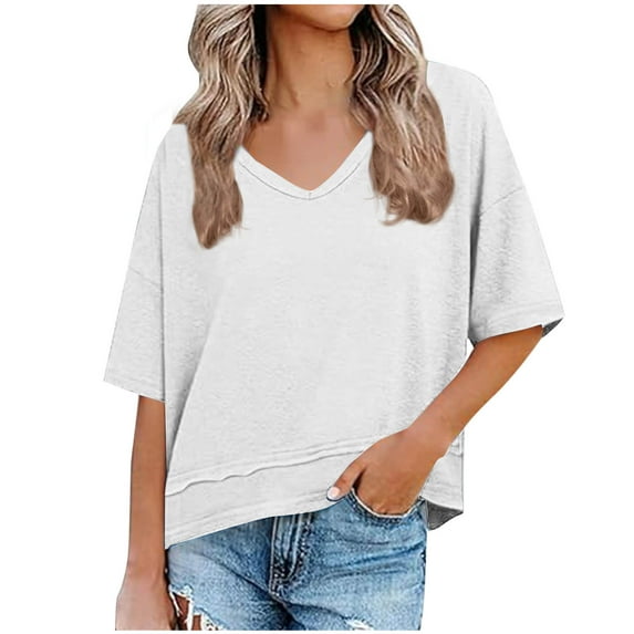 Womens Drop Shoulder T-Shirts, Short Sleeve Shirts for Women Summer Casual Vintage Solid Color V Neck Cropped Tees Tops