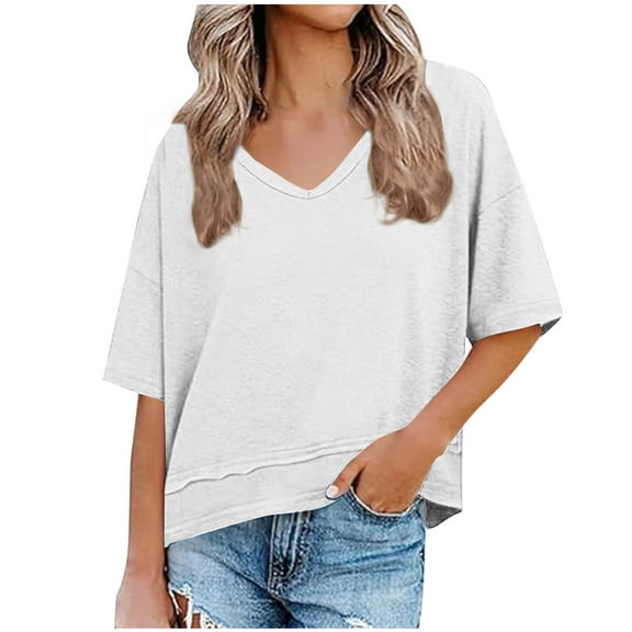 Womens Drop Shoulder T-Shirts, Short Sleeve Shirts for Women Summer Casual Vintage Solid Color V Neck Cropped Tees Tops