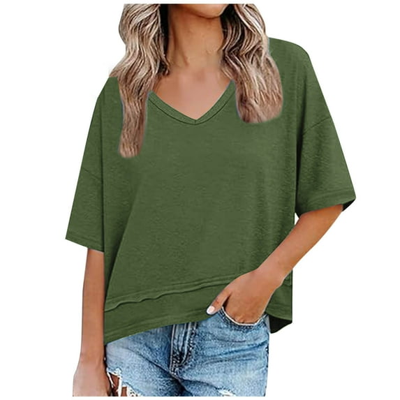 Womens Drop Shoulder T-Shirts, Short Sleeve Shirts for Women Summer Casual Vintage Solid Color V Neck Cropped Tees Tops