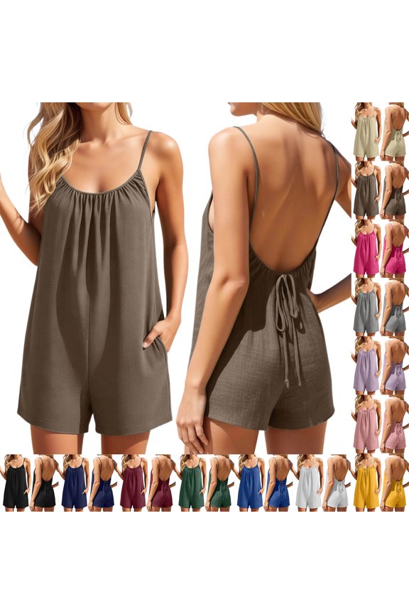 Womens Dual Side Slant Pockets Romper Round Neck Ruched Bust Linen Spaghetti Straps Jumpsuit Open Back Loose Relaxed Fit Summer Casual Beachwear, #03 Coffee, M