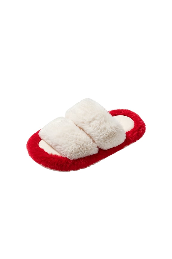 Womens Dual Strap Slippers Open Toe Fluffy Plush Winter House Shoes, Warm Thick Non-Slip Bedroom Slides, Plush Home Slippers