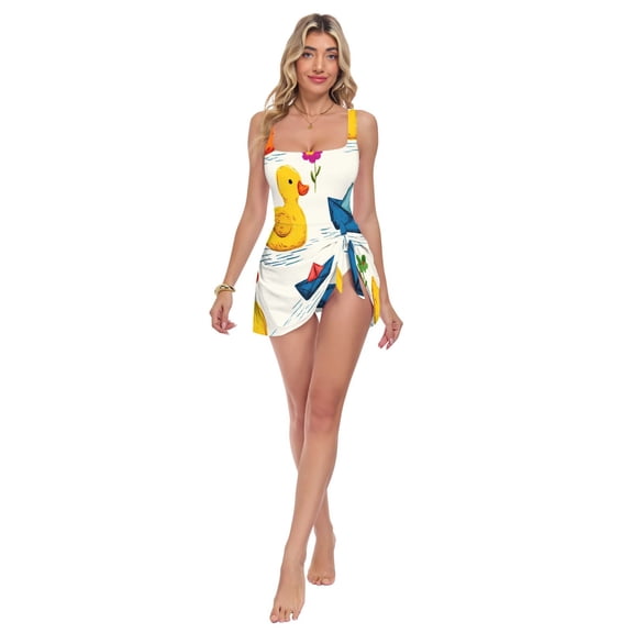 Womens Duck Flower Pattern Print 2-in-1 Swim Dress Detachable Skirt One-Piece Swimsuit Square Neck S-XXL