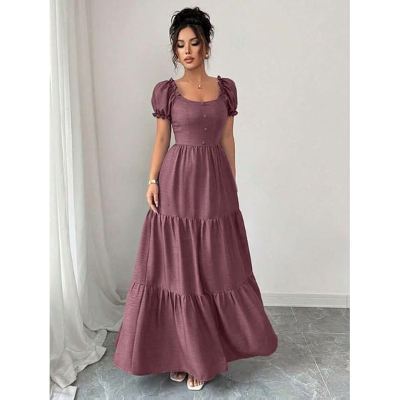 Womens Dusty Pink Square Neckline Tiered Maxi Dress Puff Sleeve Boho Style