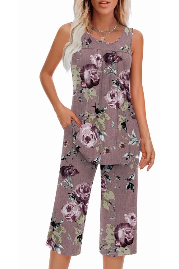 Womens Dusty Red Rose Floral Loungewear Set Sleeveless Tank Capri Pants With Pocket