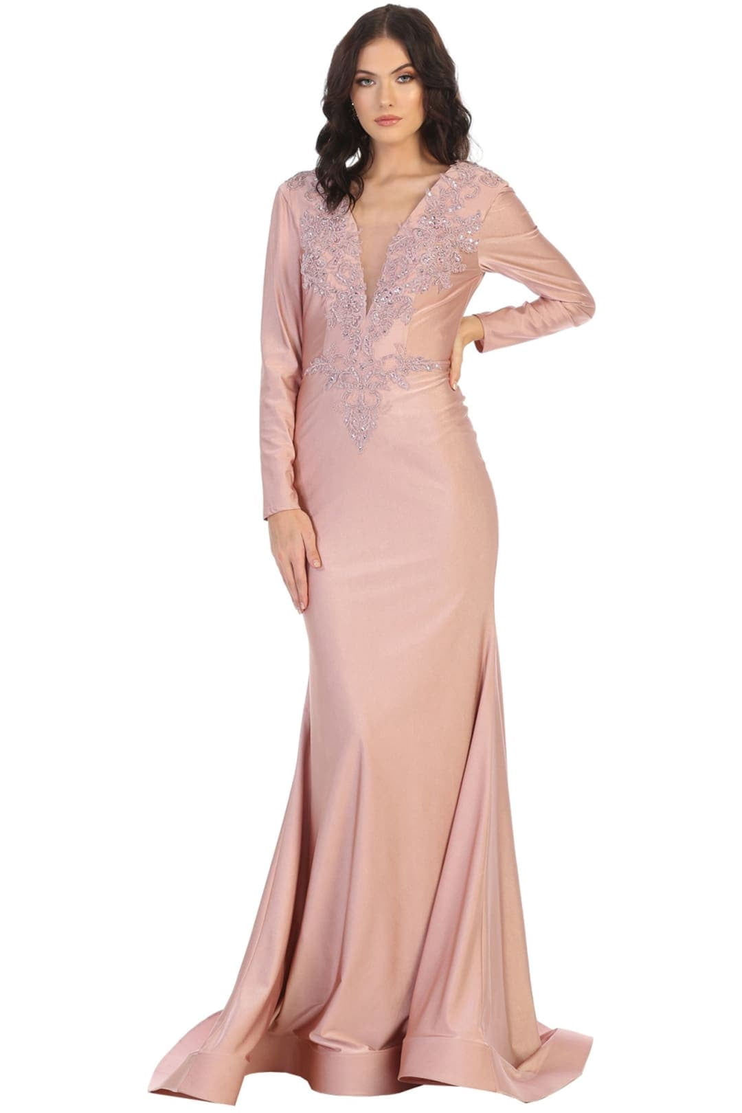 chinese dress ladies Wedtrend Women Dusty Rose Evening Dress A Line Round Neck Floor Length Lace Mother of The Bridal Dress with Short Sleeves, Dusty Rose / S main image 0