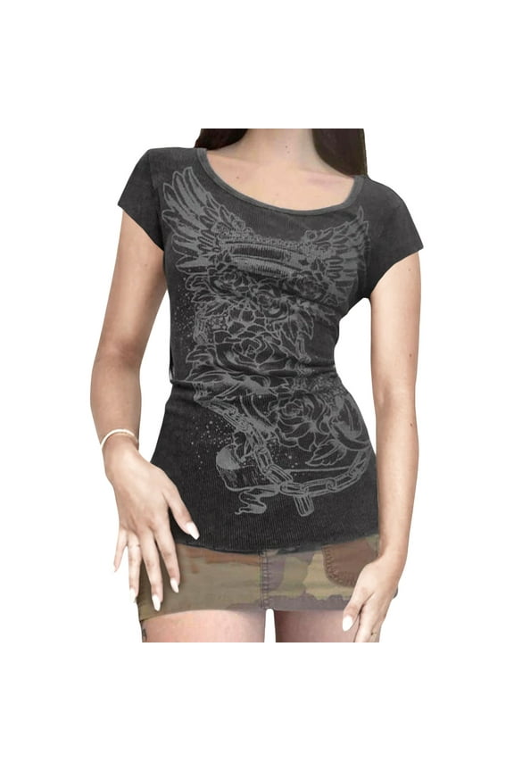 Womens E-Girls Short Sleeve T-Shirt Y2k Graphic Print Crop Tops Crewneck Fairy Grunge Tee Tops Aesthetic Summer Clothes