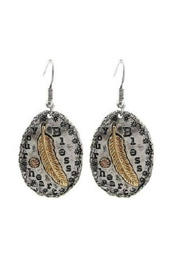 Womens Earrings Bless Your Heart Feather Fish Hook Jewelry Silver or Gold