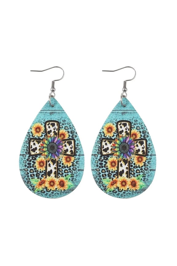 Womens Earrings Cross Leopard Sunflower Teardrop Cheetah Jewelry Blue 3"