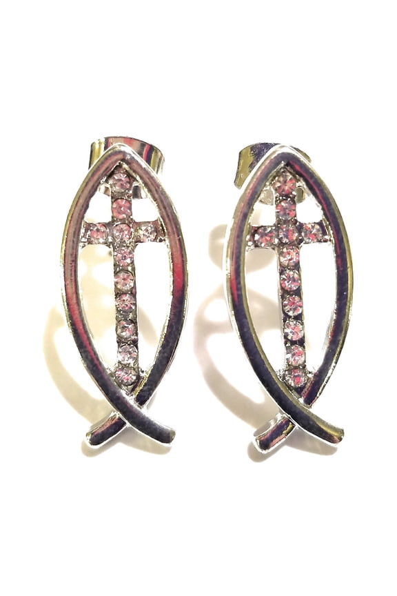Womens Earrings Fish Cross Rhinestone Western Cowgirl Jewelry Spiritual Stud Jewelry Silver 1"
