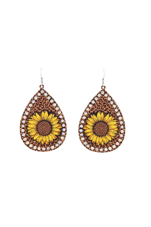 Womens Earrings Sunflower Leopard Cheetah Bling Rhinestone Teardrop Jewelry Hook Accessory 3"
