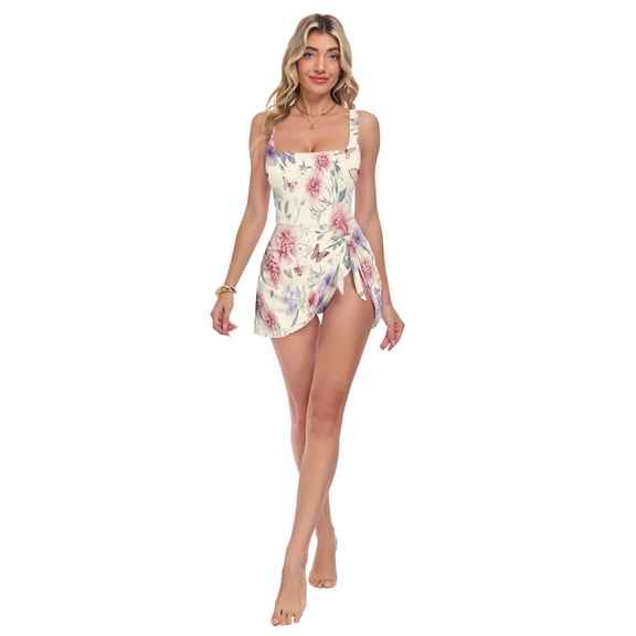 Womens Earthy Butterflies Print 2-in-1 Swim Dress Detachable Skirt One-Piece Swimsuit Square Neck S-XXL