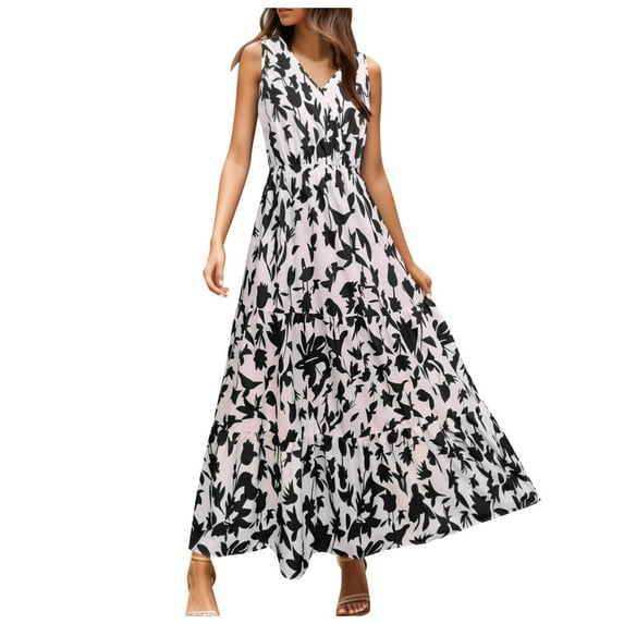 Womens Easter Dresses 2024 Casual Sleeveless Cute Floral Long Frock Wedding Guest T-Shirt Dress Casual Frock Stylish Retro Dress