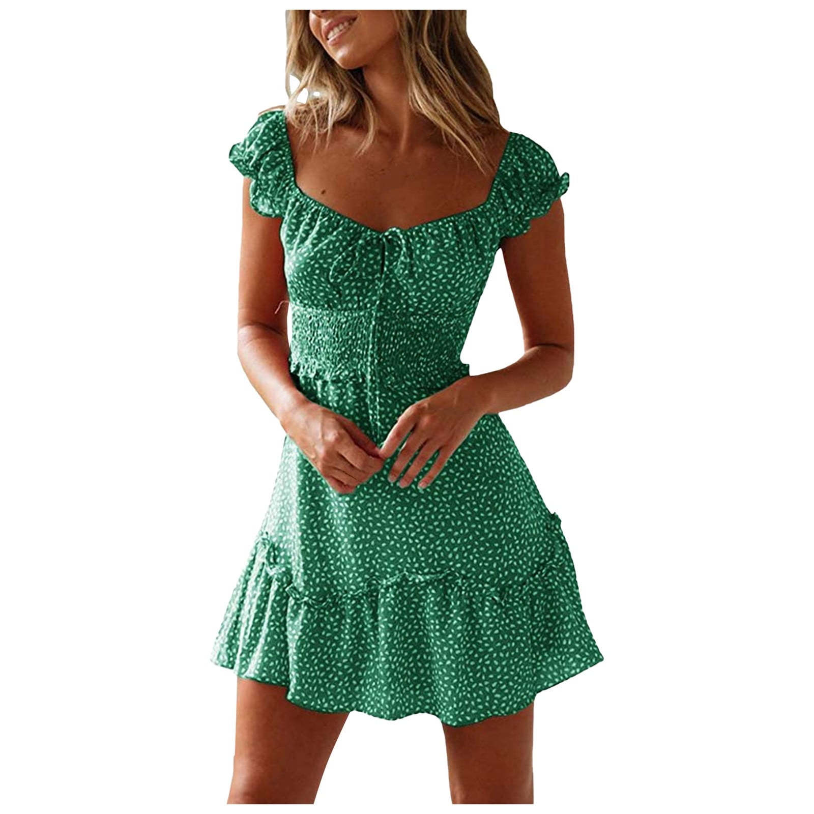 Womens Easter Dresses 2024 Summer Mini Neckline Sleeve Print Pleated