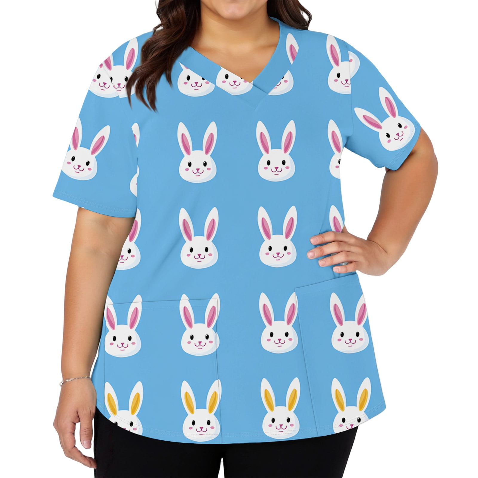 Womens Easter Nursing Uniforms Bunny Rabbit Print Short Sleeve V Neck ...