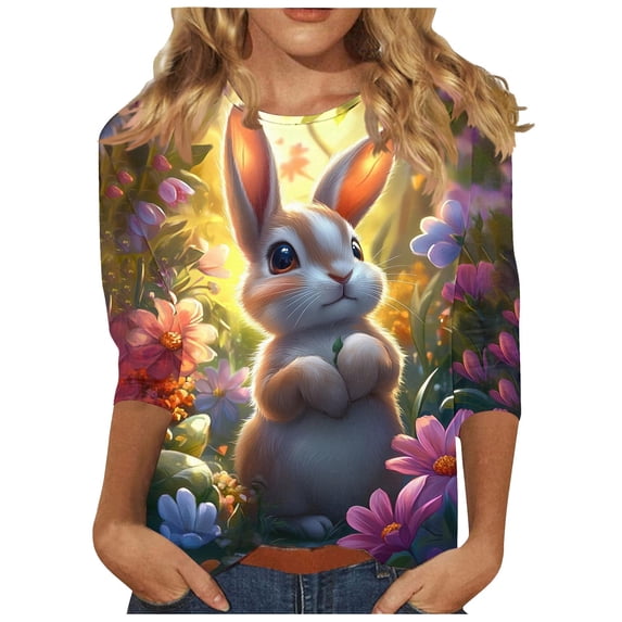 Womens Easter Outfit Cute Easter Bunny Shirts 3/4 Sleeve Printed Blouses Crew Neck Casual Tunic Tops Loose Fit Comfy T-Shirt