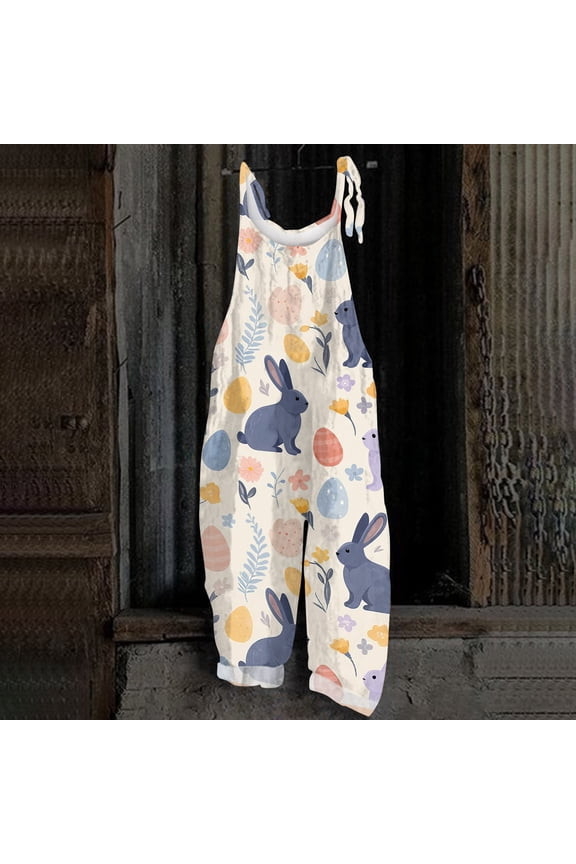 Womens Easter Overalls Cute Bunny Egg Print Sleeveless Straight Leg Jumpsuits 2026 Fashion Easter Rompers with Adjustable Straps