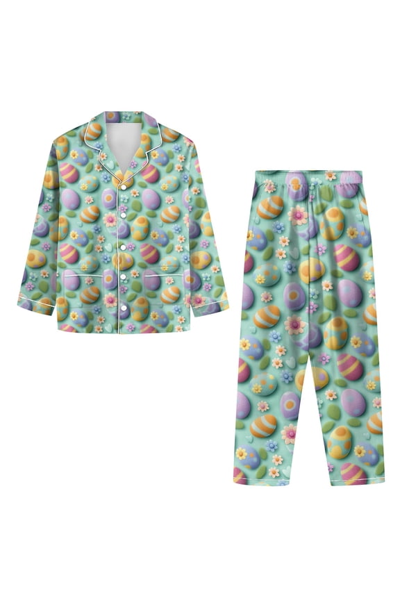 Womens Easter Pajamas Set Button Down Pj Set Cute Bunny Print Long Sleeve 2-Piece Warm and Cozy Sleepwear
