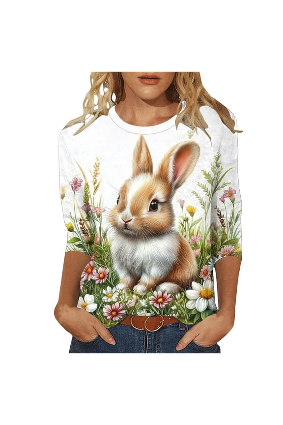 Womens Easter Print Pullover 3/4 Sleeve Round Neck Clothing 2026 Spring Tops for Women Casual Loose Fit Tees Holiday Outfits Graphic Shirts