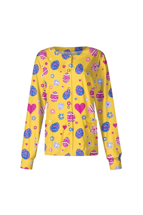Womens Easter Scrub Jackets Casual Long Sleeve Funny Rabbit & Egg Printed Scrub Tops Holiday Loose Button Down Scrubs Medical Nurse Workwear Nursing Uniform with Pockets Yellow L