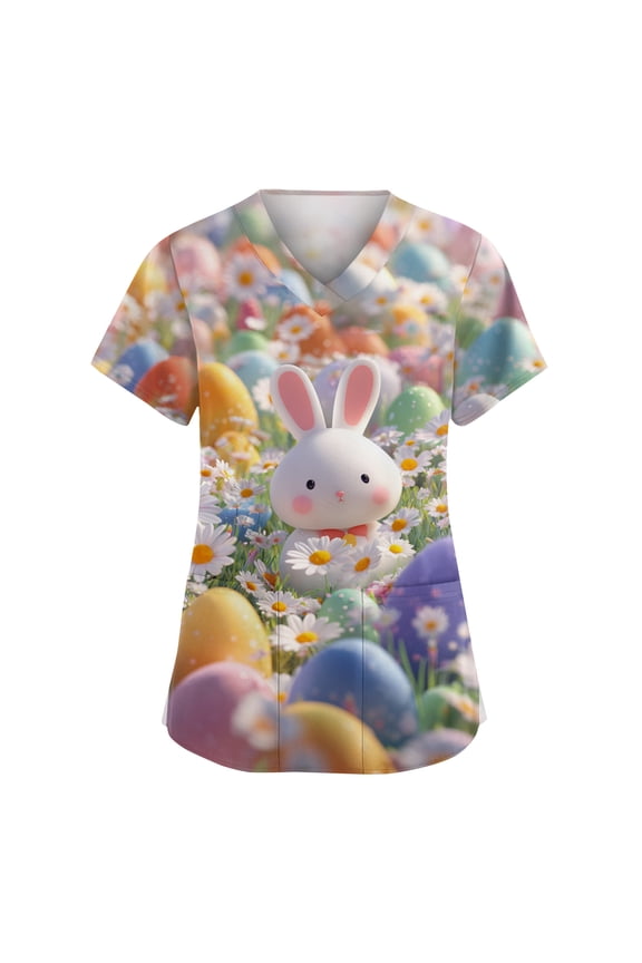 Womens Easter Scrub Top Cute Bunny Printed Plus Size Scrubs Short Sleeve V-Neck Working Uniform Easter Cartoon Pattern Scrub Tops with Pockets