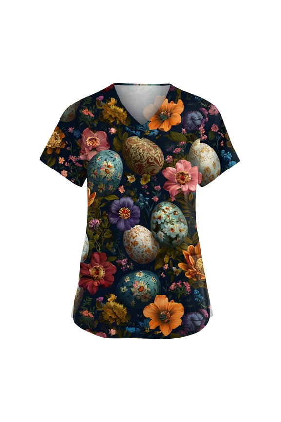 Womens Easter Scrub Top Cute Bunny Printed Plus Size Scrubs Short Sleeve V-Neck Working Uniform Easter Cartoon Pattern Scrub Tops with Pockets
