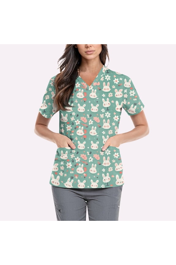 Womens Easter Scrub Top Funny Bunny Graphic Short Sleeve V-Neck Scrub Shirts Easter Scrubs Tops Working Nurse Uniforms with Pockets