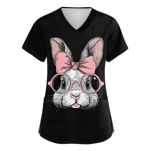 Womens Easter Scrub Tops V-Neck Short Sleeve Stretch Bunny/Egg Printed Nurse Working Uniforms