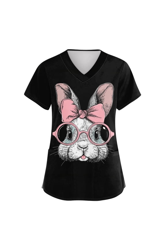 Womens Easter Scrub Tops V-Neck Short Sleeve Stretch Bunny/Egg Printed Nurse Working Uniforms