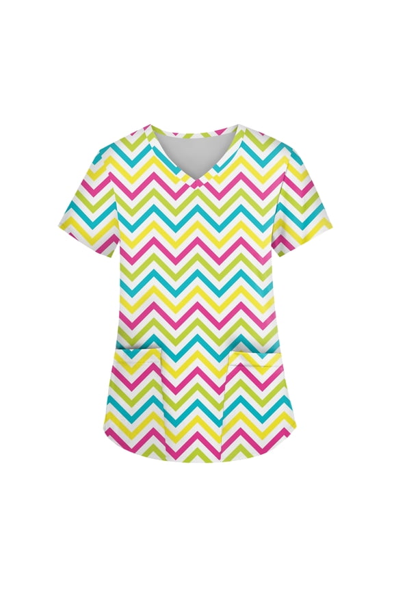 Womens Easter Scrubs Bunny Egg Print Short Sleeve Stretchy Scrub Tops V Neck Medical Workwear with Pocket Hot Pink 2XL